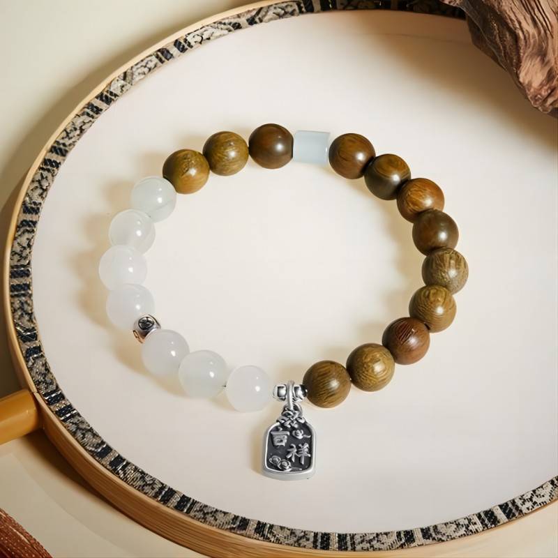Wisdom & Harmony Sandalwood And Jade Bracelet With Ruyi Charm - Clarity • Spirituality • Peace - staged shot