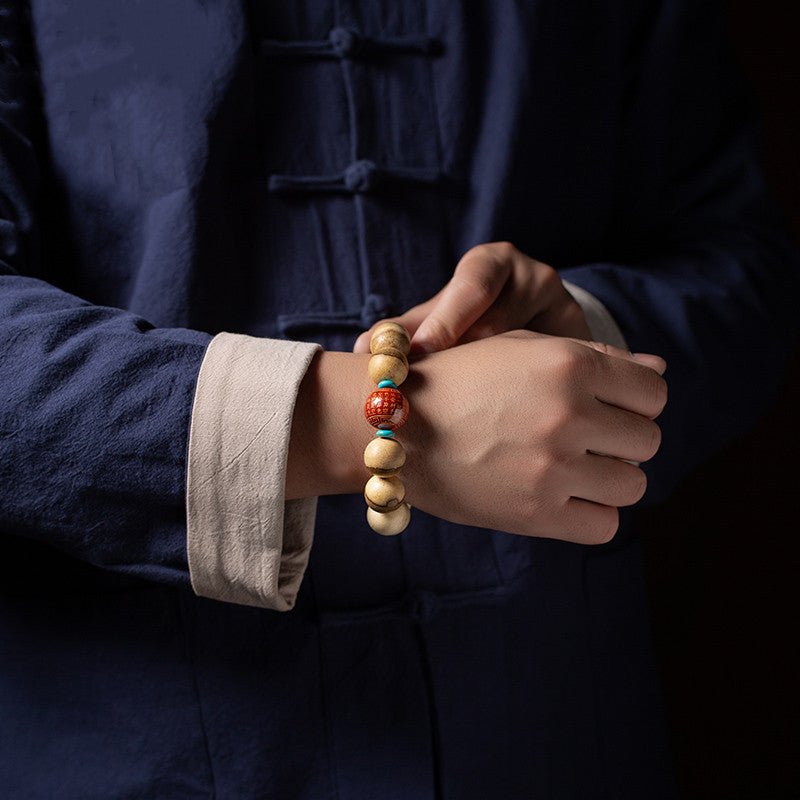 Wisdom &amp; Protection Heart Sutra Mantra Sandalwood Bracelet - on wrist